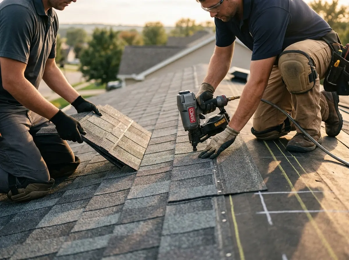 Professional roofer working on a residential roof in Shady Hollow